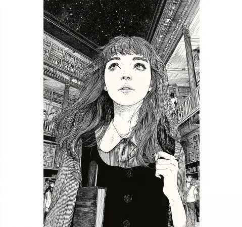 奇幻冒险题材漫画条目封面，画面为夜空下的古老图书馆